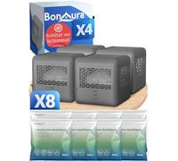 BonAura Lot de 4 déshumidificateurs sans électricité + 8 recharges de 400 g d'humidificateur - Déshumidificateur jusqu'à 40 m² pour cave, salle de bain, etc. - Granulés déshumidificateurs et