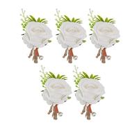 Bonbela Lot de 5 boutonnières de mariage artificielles en plastique pour mariée, marié, demoiselle d'honneur, mère avec rose réaliste de style coréen, 13 x 8 cm (blanc)