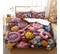 Bonbons Housse de Couette 200x200 Parures de Lit 2 Personnes Imprimé 3D Microfibre Douce Desserts Délicieux Housses Couette avec 2 Taies d'oreiller et Fermeture Éclair k.2980