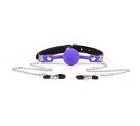 Bondage Masters Bâillon-boule avec pinces à tétons, bâillon buccal de contention et de bondage, violet