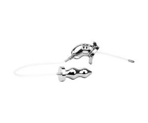 Bondage Masters Cage de chasteté inversée avec lavement urinaire et plug anal en acier inoxydable de qualité médicale