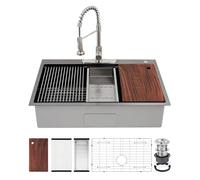 Bonde de cuisine en acier inoxydable 30 x 18 pouces, à bol unique, pour poste de travail, montage supérieur avec robinet en spirale amovible 304, ultra noir, profondeur de 23,7 cm