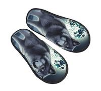 BONDIJ Chaussons d'intérieur et d'extérieur en peluche douce avec motif loup sous la lune pour femme, Noir , Taille unique