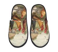 BONDIJ Pantoufles en fourrure pour femmes et hommes - Motif poules et la ferme - Pantoufles d'hiver en peluche mignonnes - Chaussons d'intérieur confortables, Noir , Medium