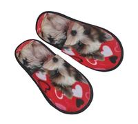 BONDIJ Pantoufles en fourrure pour homme et femme - Imprimé chiot yorkshire - Pantoufles d'hiver mignonnes en peluche confortables, Noir , Medium