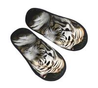 BONDIJ Pantoufles en fourrure pour homme et femme - Imprimé tigre couché - Pantoufles d'hiver en peluche - Chaussons mignons - Chaussons confortables pour l'intérieur, Noir , Medium
