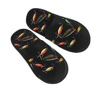 BONDIJ Pantoufles en peluche douce avec imprimé leurre de pêche - Chaussons chauds à enfiler - Pantoufles confortables pour l'intérieur et l'extérieur - Pour femme, Noir , Taille unique