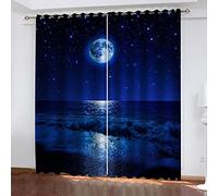 BONDIJ Rideau Occultant Œillet pour Enfants Chambre Salon, 220X214cm(LxH) Rideaux Occultant 3D Paysage Marin Ciel Étoilé Bleu Imprimé Rideau De Fenêtre - Isolant Thermique Et Phonique Lot De 2