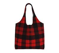 BONDIJ Sac fourre-tout en toile imprimé à carreaux rouges et noirs - Joli sac fourre-tout esthétique réutilisable et pliable - Lavable - Sac à main de voyage décontracté pour femme et fille, Noir ,