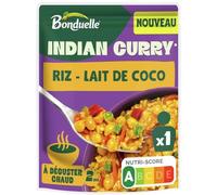 BONDUELLE - Indian Curry - Riz et Curry de Pois Chiches au Lait de Coco - Recette Végétarienne - Plat Préparé Nourrissant et Gourmand - Nutri-Score A - Sachet de 250 g