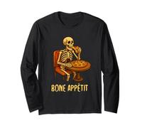 Bone Appétit Funny Halloween Pizza Skeleton Eating Pizza Manche Longue