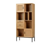 Bonetti Étagère de salon aspect rotin avec 2 portes, 2 tiroirs et 6 compartiments, environ 75 x 167,5 x 35 cm, bibliothèque moderne, étagère de salon, armoire haute en métal et bois MDF, debout