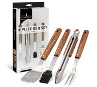 BonFeu BonTool Lot de 4 couverts de barbecue de qualité supérieure en acier inoxydable et bois d'acacia - Accessoires de barbecue pour brasero, plancha et barbecue - Comprend une pince à barbecue, une