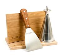 BonFeu Set de Cuisine pour Barbecue et Plancha - Accessoires en Acier Inoxydable : Spatule Robuste, Burette à Huile et 2 Planches de Fumage en Bois de Cèdre - Kit Complet pour Cuisine d'Extérieur