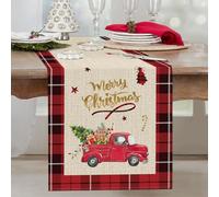 Bonhause Chemin de table « Merry Christmas » - Motif camion rouge - 33 x 183 cm - Buffalo - Sapin de Noël saisonnier - Vacances d'hiver - Cuisine - Décoration de table à manger pour intérieur ou