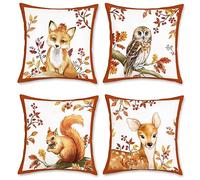 Bonhause Housse de Coussin Animaux d’Automne 45 x 45 cm Renard Hibou Écureuil Cerf Velours Doux Décoratif Taie d'oreiller pour Canapé Salon Chambre Enfants Maison Décoration 4 Pièces