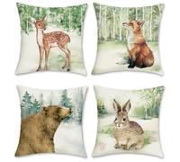 Bonhause Housse de Coussin Animaux de la Forêt Cerf Renard Lapin Ours 45 x 45 cm Polyester Lin Décoratif Enfants Taie d'oreiller pour Canapé Salon Chambre Chaise Jardin Maison Décoration 4 Pièces