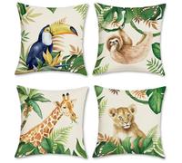 Bonhause Housse de Coussin Animaux Jungle 45 x 45 cm Lion Girafe Toucan Paresseux Tropical Extérieur Polyester Lin Décoratif Taie d'oreiller pour Salon Chambre Jardin Maison Décoration 4 Pièces