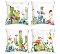 Bonhause Housse de Coussin Cactus Tropical 45 x 45 cm Fleur Feuille Plantes Succulentes Velours Doux Décoratif Été Taie d'oreiller pour Salon Chambre Maison Jardin Extérieur Décoration 4 Pièces