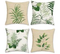 Bonhause Housse de Coussin Feuilles 45 x 45 cm Plante Verte Botanique Polyester Lin Décoratif Taie d'oreiller pour Canapé Salon Chambre Chaise Jardin Maison Décoration 4 Pièces