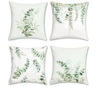 Bonhause Housse de Coussin Feuilles d’Eucalyptus 45 x 45 cm Feuille Vert Sauge Fleur Blanche Décoratif Taie d'oreiller pour Canapé Salon Chambre Chaise Jardin Maison Décoration 4 Pièces