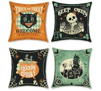 Bonhause Housse de Coussin Halloween 45 x 45 cm Crâne Château Chat Noir Vert Orange Lin Décoratif Taie d'oreiller pour Canapé Salon Chambre Jardin Maison Décoration 4 Pièces