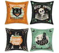 Bonhause Housse de Coussin Halloween 45 x 45 cm Crâne Château Chat Noir Vert Orange Velours Décoratif Taie d'oreiller pour Canapé Salon Chambre Jardin Maison Décoration 4 Pièces