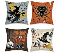 Bonhause Housse de Coussin Halloween 45 x 45 cm Sorcière Araignée Crâne Polyester Lin Décoratif Taie d'oreiller pour Canapé Salon Maison Extérieur Halloween Décoration 4 Pièces