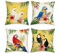 Bonhause Housse de Coussin Oiseau Toucan Tropical 45 x 45 cm Perroquet Fleurs Feuilles Polyester Lin Décoratif Été Taie d'oreiller pour Salon Chambre Maison Jardin Extérieur Décoration 4 Pièces