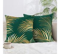 Bonhause Lot de 2 Housse de Coussin Feuilles d'or 45 x 45 cm Velours Doux Vert Décoratif Imprimé Or Taie d'oreiller pour Canapé Lit Chaise Voiture Maison Décoration
