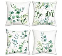 Bonhause Lot de 4 Housse de Coussin 45 x 45 cm Feuilles d'eucalyptus Motif Plante Verte Velours Doux Décoratif Taie d'oreiller pour Canapé Lits Chaises Voiture Salon Maison Décor
