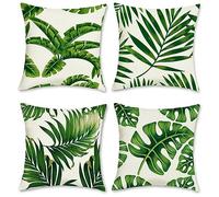 Bonhause Lot de 4 Housse de Coussin 45 x 45 cm Feuilles Tropical Vert Polyester Lin Décoratif Taie d'oreiller pour Canapé Lits Chaises Voiture Salon Maison Décor