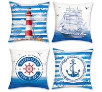Bonhause Lot de 4 Housse de Coussin 45 x 45 cm Nautique Bleu Voilier Phare Ancre Velours Doux Décoratif Taie d'oreiller pour Canapé Lits Chaises Voiture Salon Maison Décor