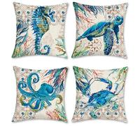 Bonhause Lot de 4 Housse de Coussin 45 x 45 cm Tortue de Mer Océan Hippocampe Poulpe Crabe Corail Polyester Lin Décoratif Taie d'oreiller pour Canapé Lits Chaises Voiture Salon Maison Décor