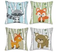 Bonhause Lot de 4 Housse de Coussin Animaux 45 x 45 cm Jungle et Bouleau Enfants Polyester Lin Décoratif Taie d'oreiller pour Canapé Lits Chaises Voiture Salon Maison Décor