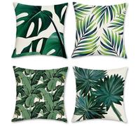 Bonhause Lot de 4 Housse de Coussin Feuille Tropical 45 x 45 cm Feuilles Vertes Polyester Lin Décoratif Taie d'oreiller pour Canapé Lits Chaises Voiture Salon Maison Décor