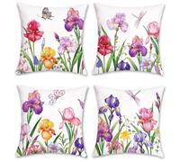 Bonhause Lot de 4 Housse de Coussin Fleur de Jardin 45 x 45 cm Narcisse Iris Velours Doux Décoratif Taie d'oreiller pour Canapé Lits Chaises Salon Maison Patio Décor