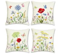 Bonhause Lot de 4 Housse de Coussin Fleurs de Jardin 45 x 45 cm Papillon Polyester Lin Décoratif Taie d'oreiller pour Canapé Lits Chaises Salon Maison Extérieur Décor