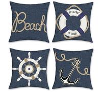 Bonhause Lot de 4 Housse de Coussin Nautique 45 x 45 cm Ancre Texture Denim Bleu Marine Polyester Lin Décoratif Taie d'oreiller pour Canapé Lit Chaise Voiture Jardin Maison Décoration