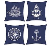Bonhause Lot de 4 Housse de Coussin Nautique 45 x 45 cm Bleu Marin Ancre Phare Voilier Boussole Polyester Lin Décoratif Taie d'oreiller pour Canapé Lits Chaises Voiture Salon Maison Décor