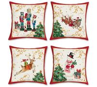 Bonhause Lot de 4 Housse de Coussin Noël 45 x 45 cm Avec Renne, Arbre, Casse-Noisette - Polyester Lin Décoratif Taie d'Oreiller Pour Canapé, Lit, Chaise - Joyeux Noël Maison Décor