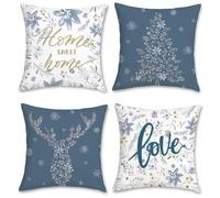 Bonhause Lot de 4 Housse de Coussin Noël Hiver 45 x 45 cm Feuilles et Fleurs Gris Bleu Velours Doux Home Sweet Home Décoratif Taie d'oreiller pour Canapé Lits Chaises Voiture Maison Décor