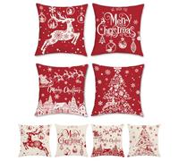 Bonhause Lot de 4 Housse de Coussin Noël Rouge 45 x 45 cm Renne Arbre de Noël Flocon de Neige Polyester Lin Décoratif Taie d'oreiller pour Canapé Lit Chaise Maison Décoration