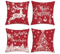 Bonhause Lot de 4 Housse de Coussin Noël Rouge 45 x 45 cm - Renne, Arbre, Flocon de Neige - Polyester Lin Décoratif Taie d'Oreiller pour Canapé, Lit, Chaise - Joyeux Noël Maison Décoration