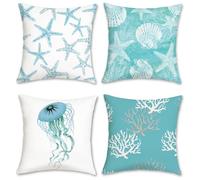 Bonhause Lot de 4 Housse de Coussin Océan 45 x 45 cm Étoile de Mer Coquillage Méduse Bleu Côtier Velours Doux Décoratif Taie d'oreiller pour Canapé Lits Chaises Voiture Salon Maison Décor
