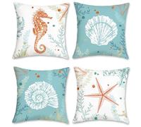 Bonhause Lot de 4 Housse de Coussin Océan 45 x 45 cm Hippocampe Étoile de Mer Plage Velours Doux Bleu Côtier Décoratif Taie d'oreiller pour Canapé Lit Chaise Jardin Maison Décoration