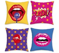 Bonhause Lot de 4 Housse de Coussin Pop Art 45 x 45 cm Motif Polka Dots Lèvres Velours Doux Décoratif Taie d'oreiller pour Canapé Lits Chaises Voiture Salon Maison Décor