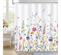Bonhause Rideau de Douche Aquarelle Fleur Sauvage Printemps Plante Rideau de Bain Tissu Polyester Anti Moisissure Imperméable Lavable Rideaux Salle de Bain 180 x 180 cm avec 12 Crochets pour Baignoire