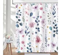 Bonhause Rideau de Douche Aquarelle Fleurs Feuilles Plante Moderne Rideau de Bain Tissu Polyester Anti Moisissure Imperméable Lavable Rideaux Salle de Bain 180 x 180 cm avec 12 Crochets pour Baignoire