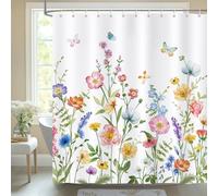 Bonhause Rideau de Douche Coloré Aquarelle Fleur Plante Printemps Rideau de Bain Tissu Polyester Anti Moisissure Imperméable Lavable Rideaux Salle de Bain 180 x 180 cm avec 12 Crochets pour Baignoire